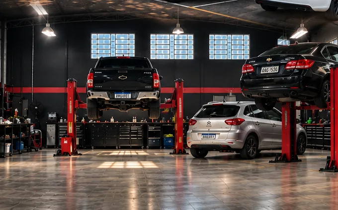 Interior da oficina DT28 com elevadores e veículos em atendimento