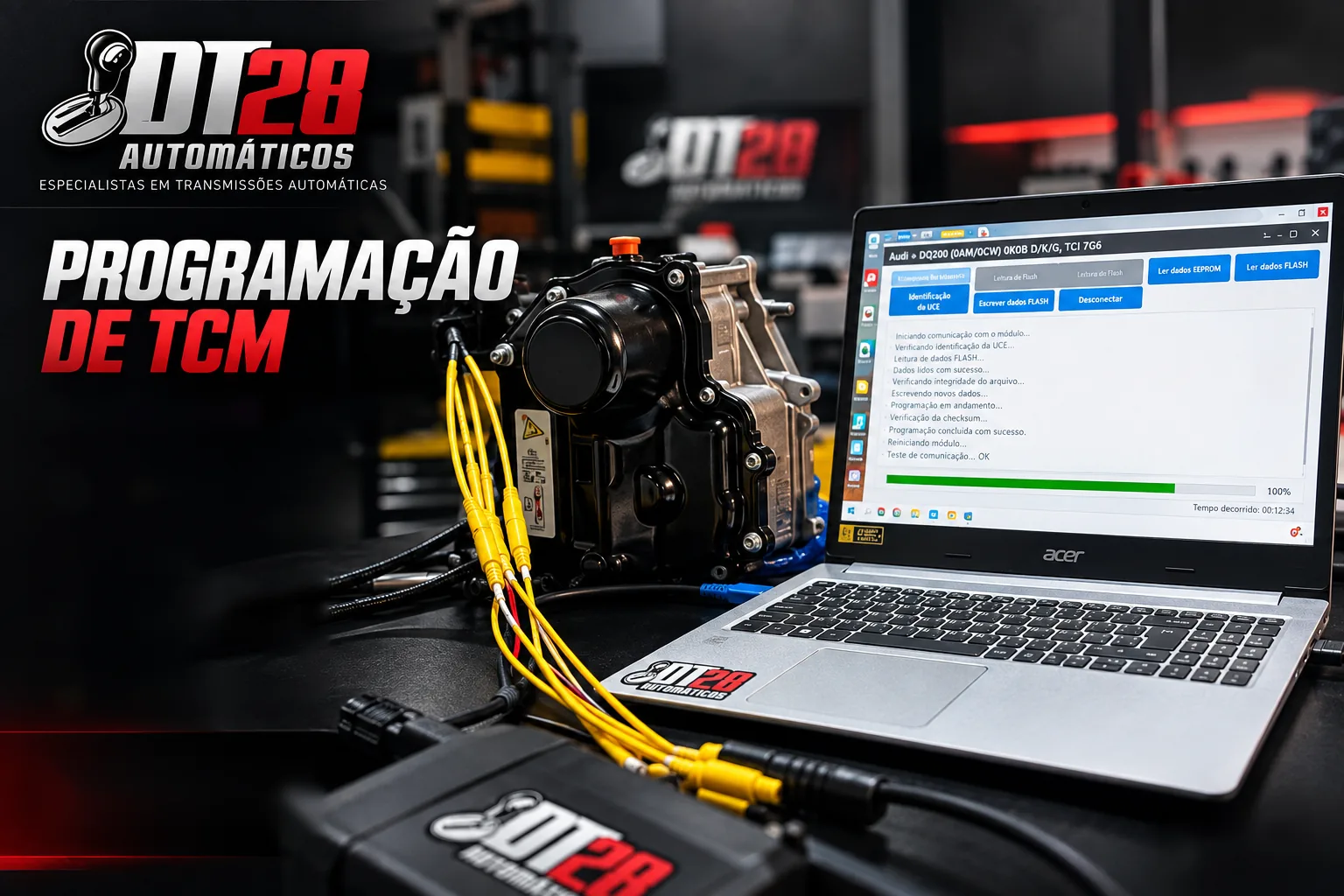 Programação de TCM na DT28: módulo de transmissão conectado ao notebook