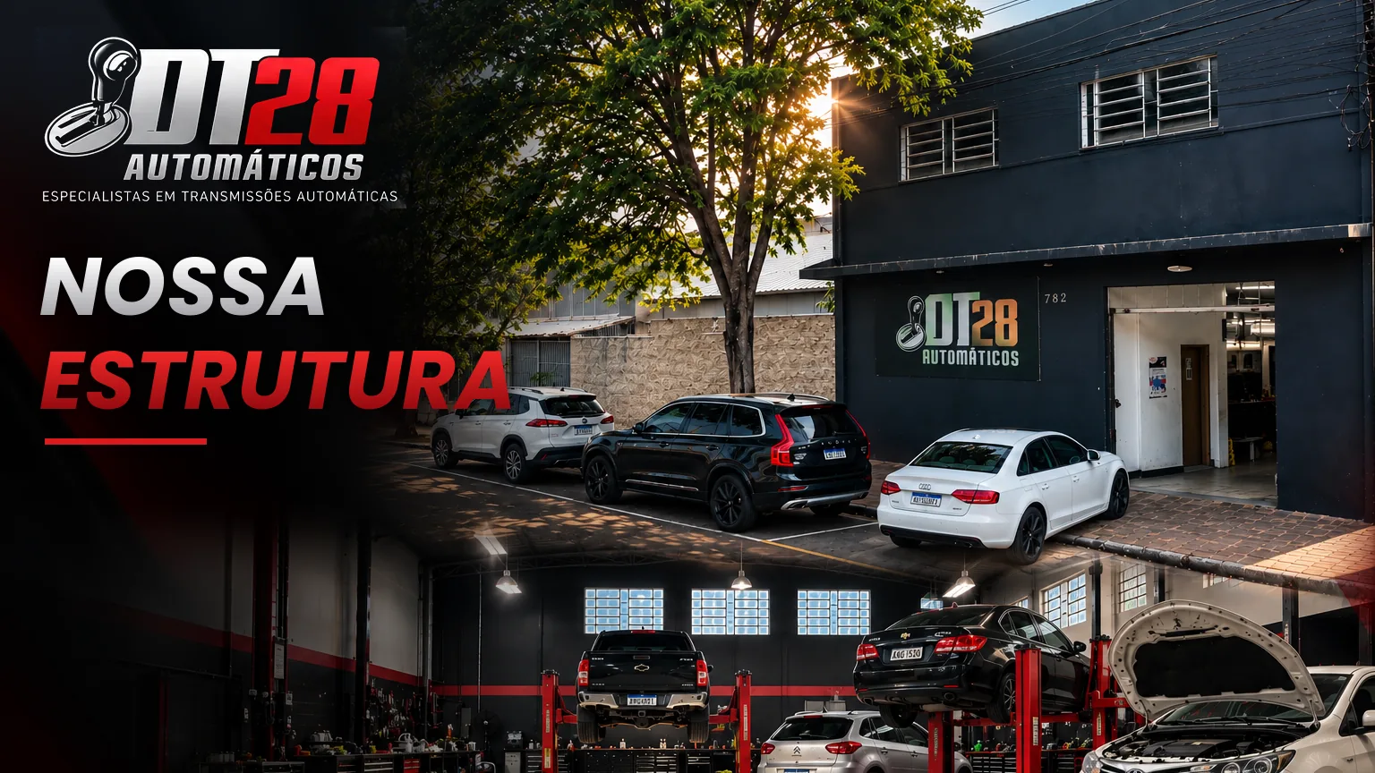 Fachada e interior da oficina DT28 Automáticos em Sarandi/PR
